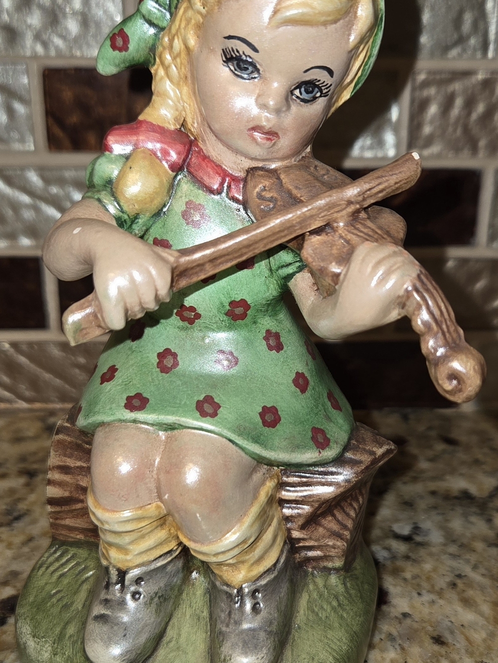 Hummel Girl with Violin Figurine in Green, Red, Brown and Gold
